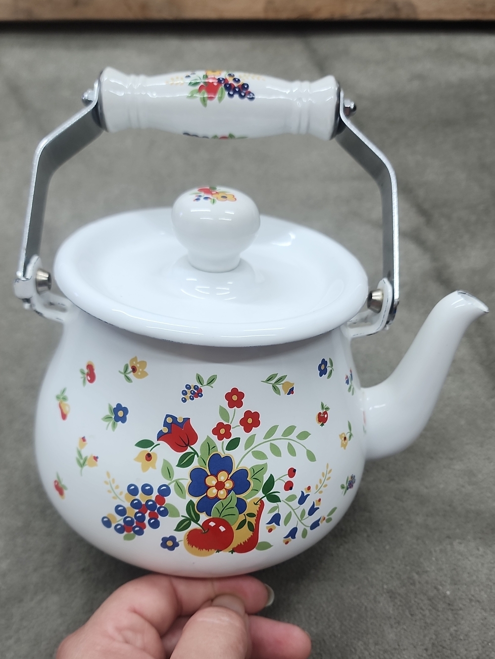 White Floral Enamel Teapot with Colorful Garden Pattern